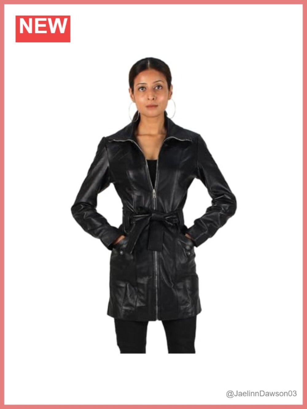 Genuine Lambskin Leather Coat Belted Zipper Trench Coat